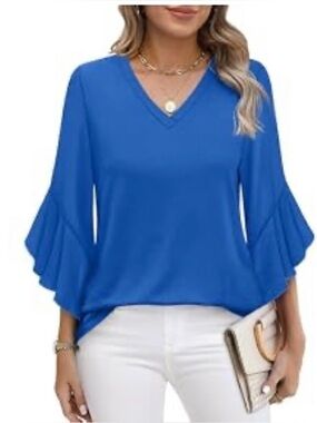 V-Neck Ruffle Sleeve Blouse - Royal Blue